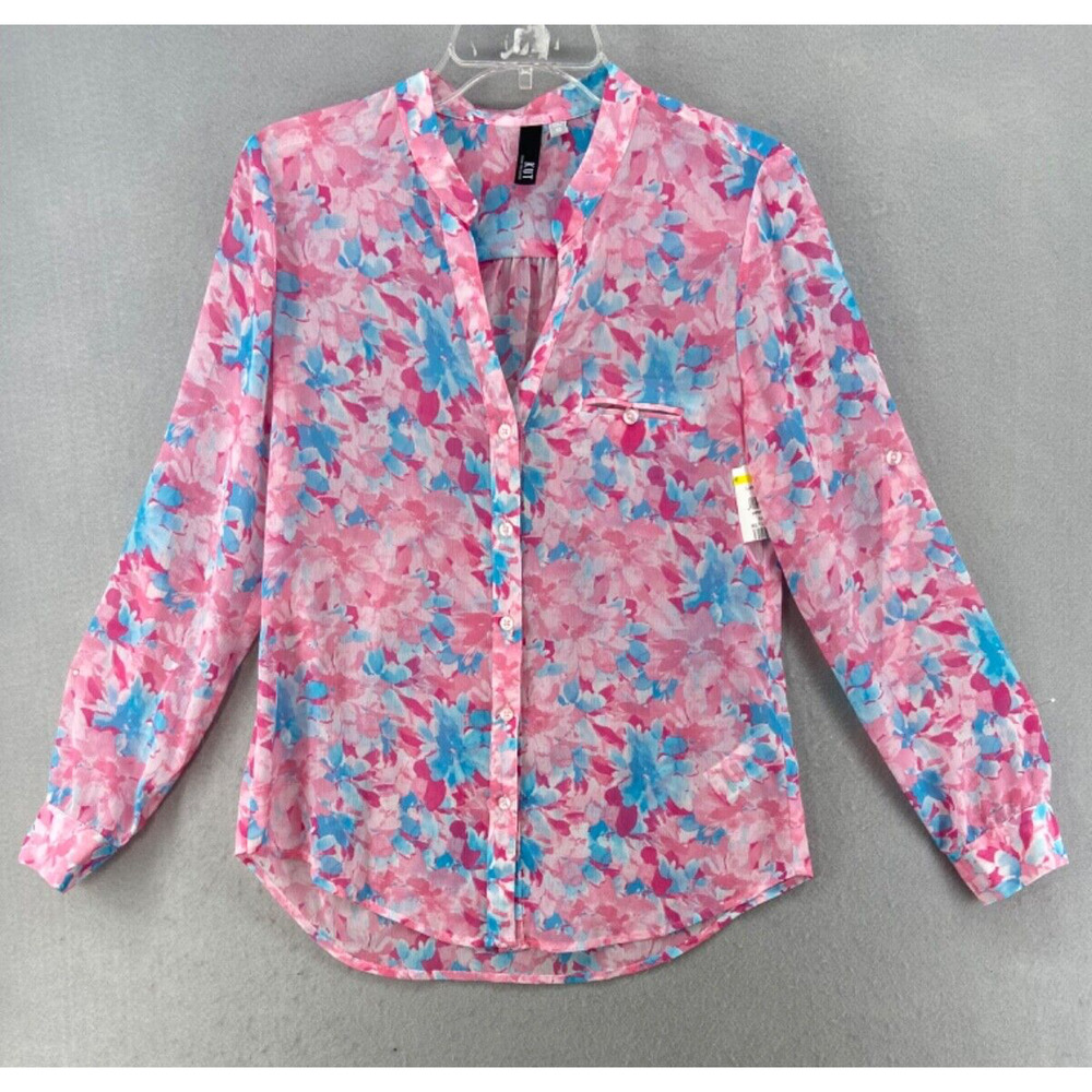 KUT from the Kloth Shirt Womens Sz XS Pink Blue Floral Top Sheer Roll Tab Sleeve